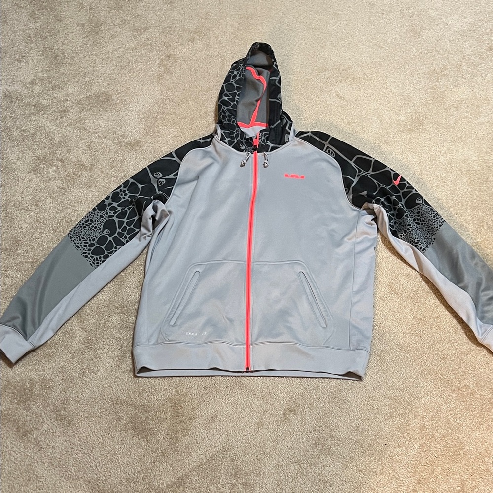 Nike Light Gray Hoodie with Black Pattern and Neon Accents
